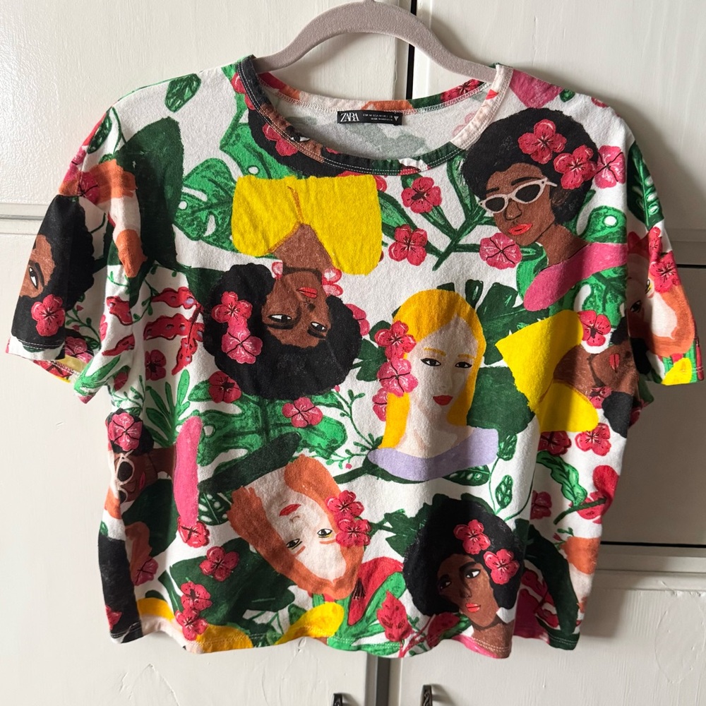 Zara Women’s Tropical Crop Tee M Good Condition Monstera